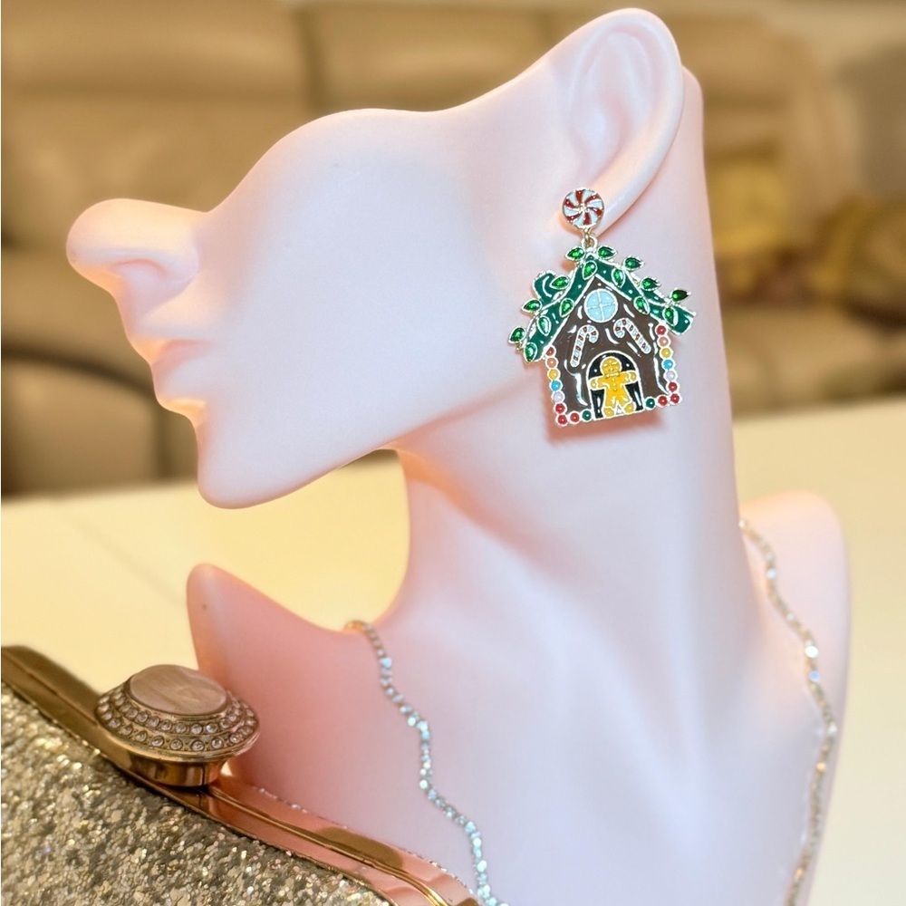 Gingerbread House Earrings - Green, Red, Brown. - Picture 4 of 9